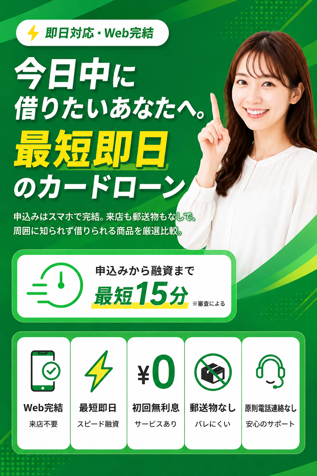 今日中に借りたいあなたへ。最短即日のカードローン。Web完結・最短即日・初回無利息・郵送物なし・原則電話連絡なし